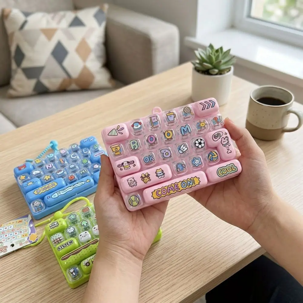 Cartoon 26 Key Keyboard Keychain Clear Key Sounds Plastic Mechanical Fidget Keyboard Animal Patterns Clickable Keys