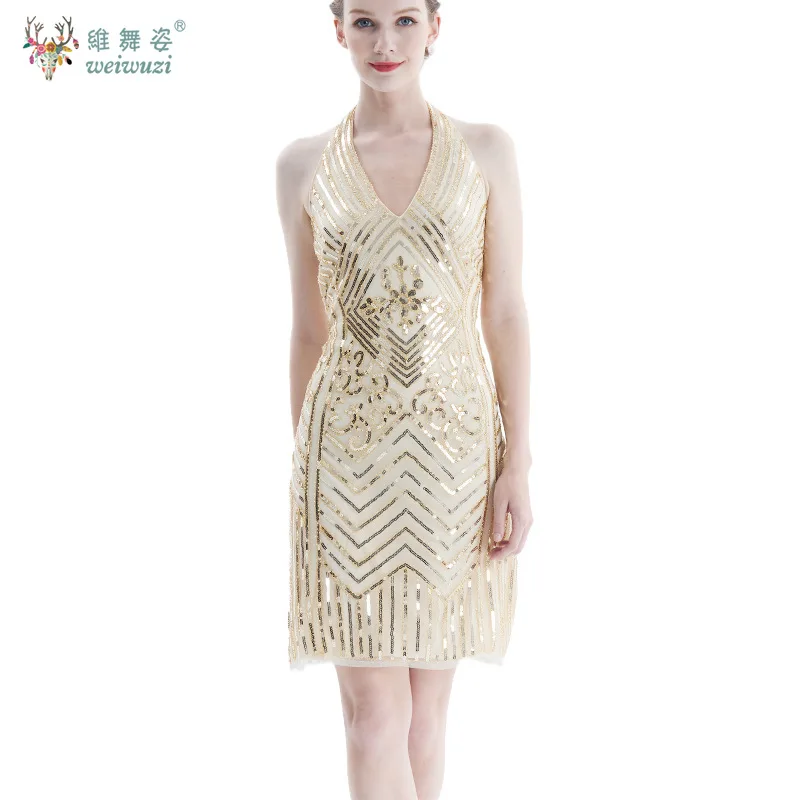 แฟชั่นและเซ็กซี่ V คอต่ําตัดแขวนคอ Backless เอวสูง Heavy Industry เล็บลูกปัดไนท์คลับชุดวันเกิด