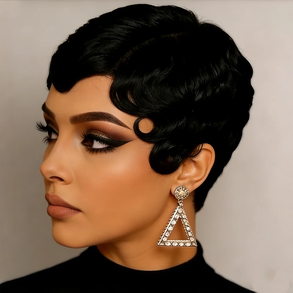 100 % Echthaar-Perücke, vollständig maschinell gefertigt, natürlich aussehende Pixie-Cut-Perücke aus Echthaar für Damen, Wellenfrisur, geeignet für den Damengebrauch