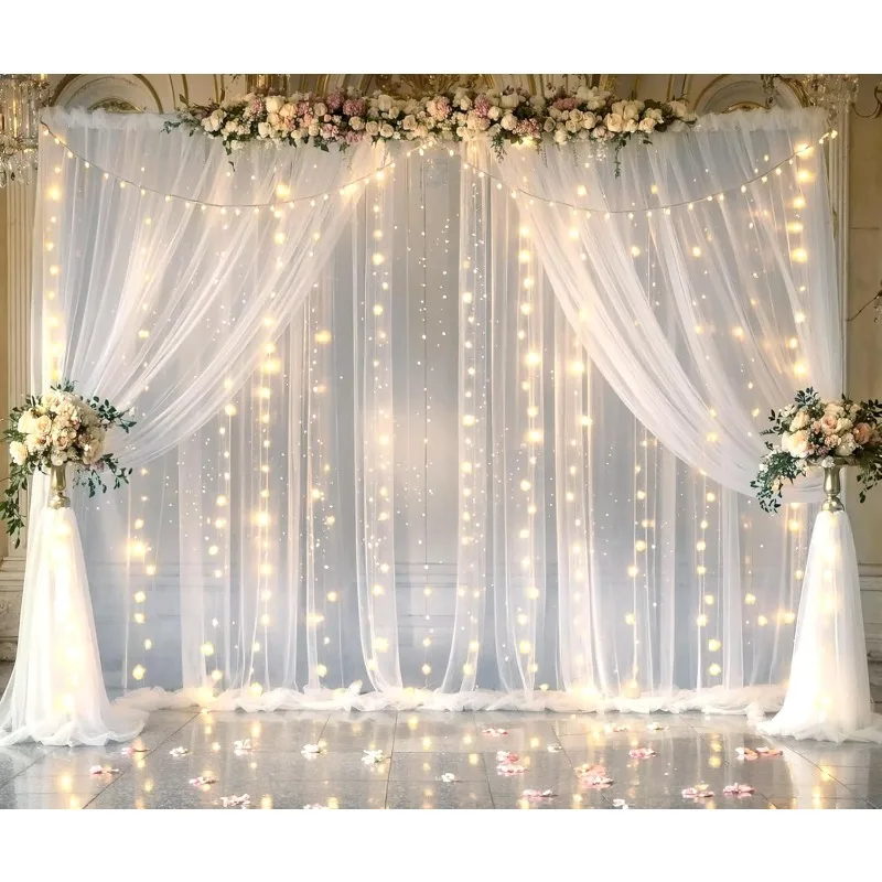 

White Backdrop for Weddings with String Lights 60×10 Feet Tulle Backdrop Bridal Wedding Birthday Party Photography Decoration