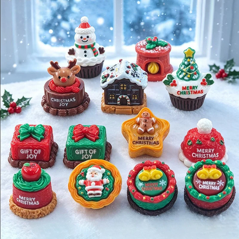 100pcs Wholesale 3D Resin Christmas Cake Snowman Series Mini Resin DIY Accessories for Keychain Jewelry Dollhouse Decor