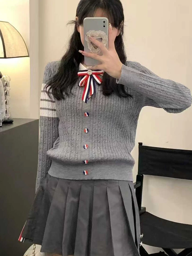 Elegant  Neck Knitted Sweater with Embroidered  Knot Long Sleeve Fake Jacket Lightweight Luxury Style for Women