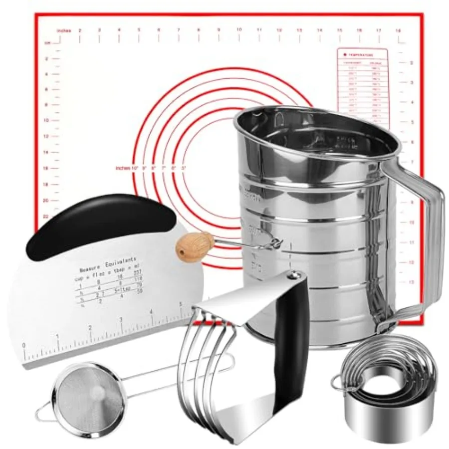 

Biscuit Cutter Set, 10PCS Stainless Steel with Cutter, 5PCS Biscuit Cutter, Dough Cutter, 3 Cup Flour Sifter, Baking Mat and Fi