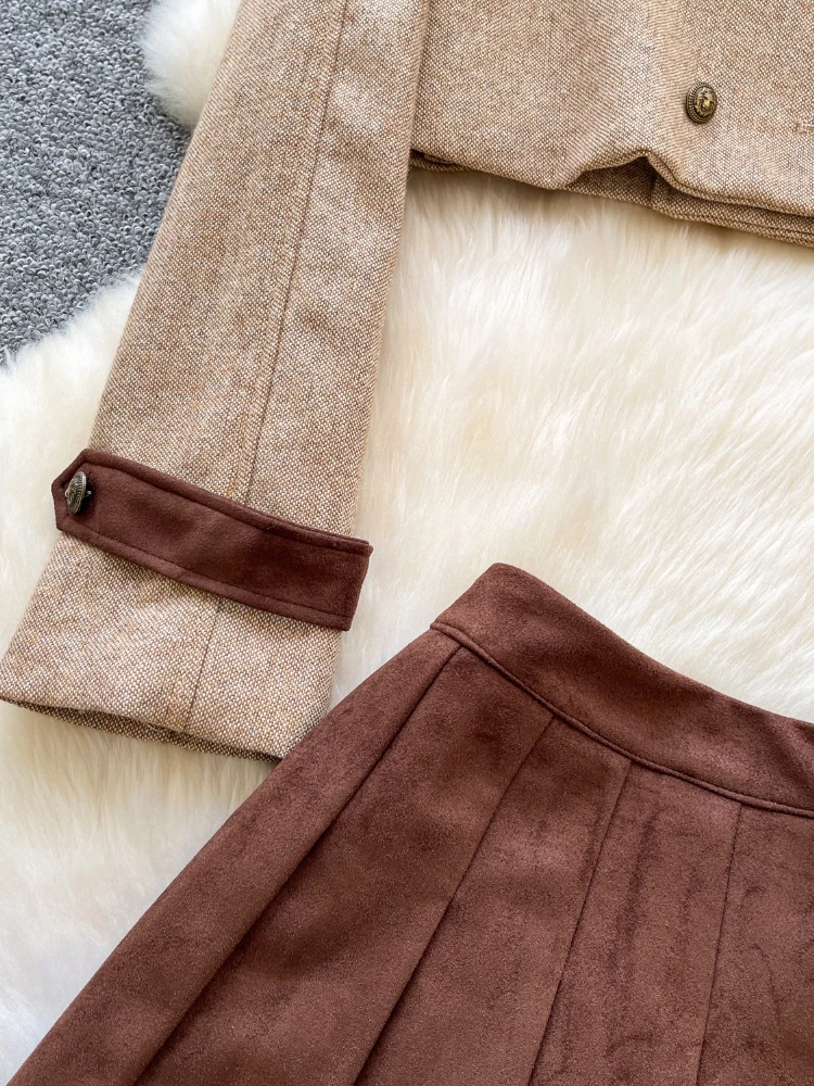 French Fashion Elegant Lapel Two Piece Set Women Autumn Winter Retro Slim Double Breasted Short Jacket + Pleated Skirt Outfit