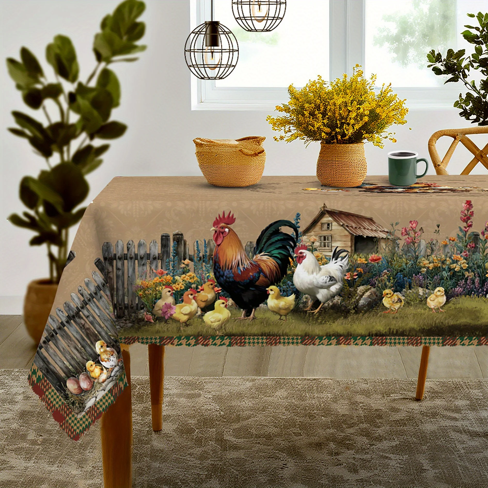 Retro country farmhouse-style rooster tablecloth with chicken and farm patterns, perfect for decorationxzj