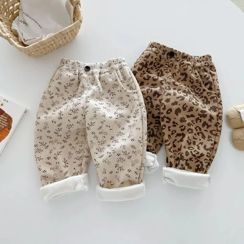 

New Winter 0-5Y Baby Boys Girls Corduroy Pants Fleece Lined Leopard Floral Print Wide Leg Trousers Warm Soft Children Clothing