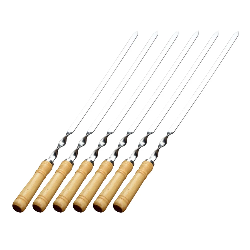 

6 Pcs BBQ Skewers Stainless Steel Wooden Long Kebab Reusable Easy Clean Flat Grilling Meat Vegetables Kitchen Tools