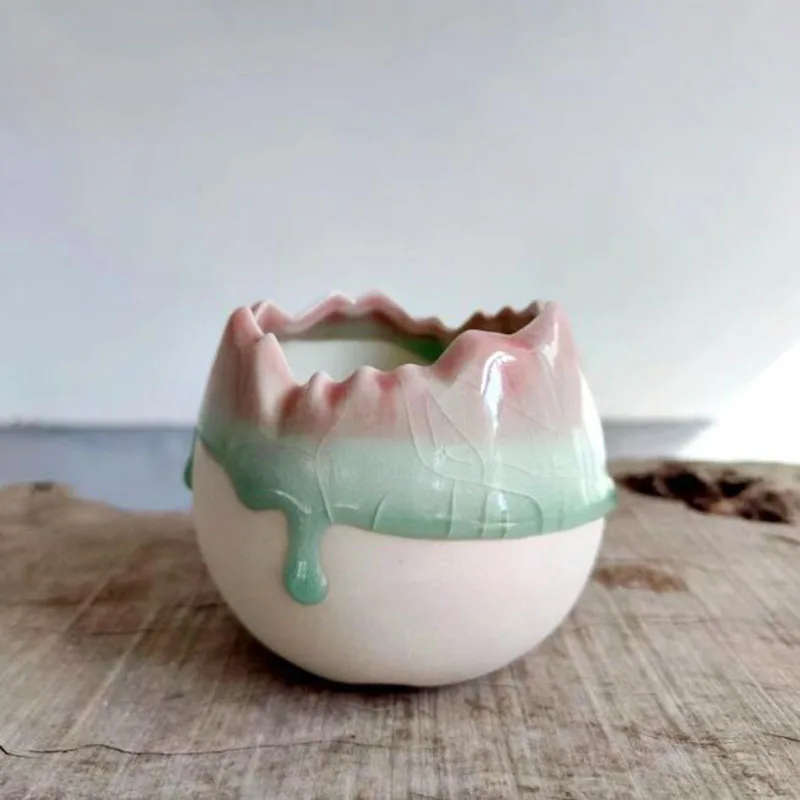 Porcelain Flowing Glazed Pink Green Color Fleshy Plant Pot Flower Pot Ice Crack Vase Planter Container Home Garden Decor