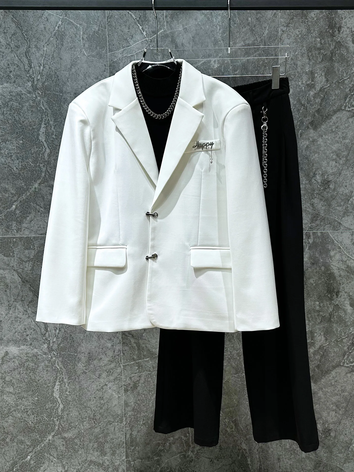 

Trendy Metal Bule Casual Versatile Men's Suit Jaet Korean Design Autumn Season Long Sve Pure Color Flat Collar Coat