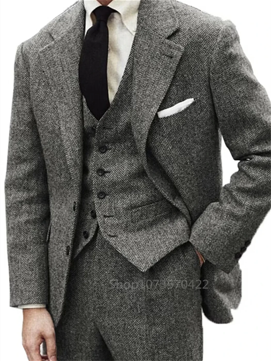 3 Piece Gray Wool Tweed Winter Men Suit\'s For Wedding Formal Groom Tuxedo Herringbone Male Fashion Suit (Jacket + Vest + Pants)