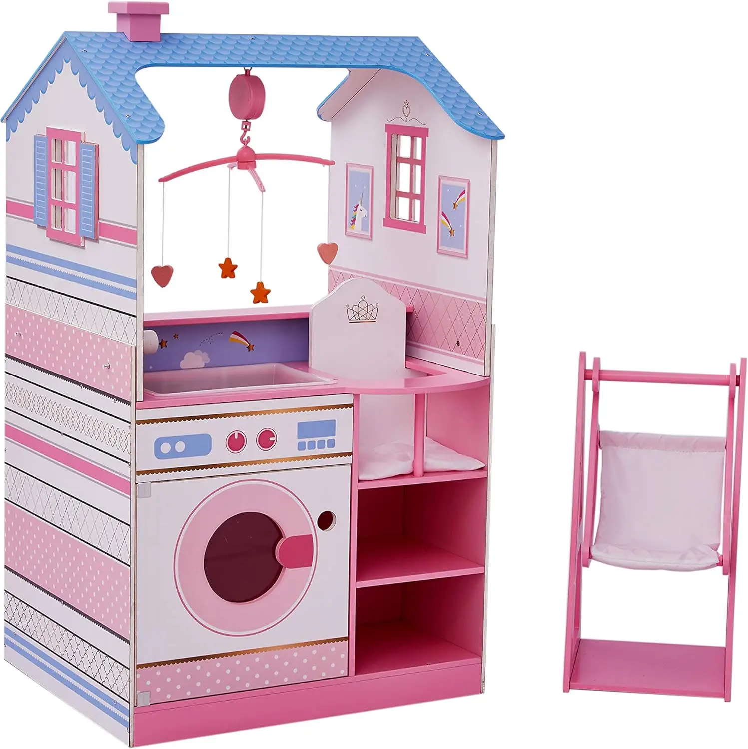 

Classic Dollhouse Baby Doll Changing Station with Crib, High Chair, Sink, Washing Machine and Separate Swing for Dolls up to 18-