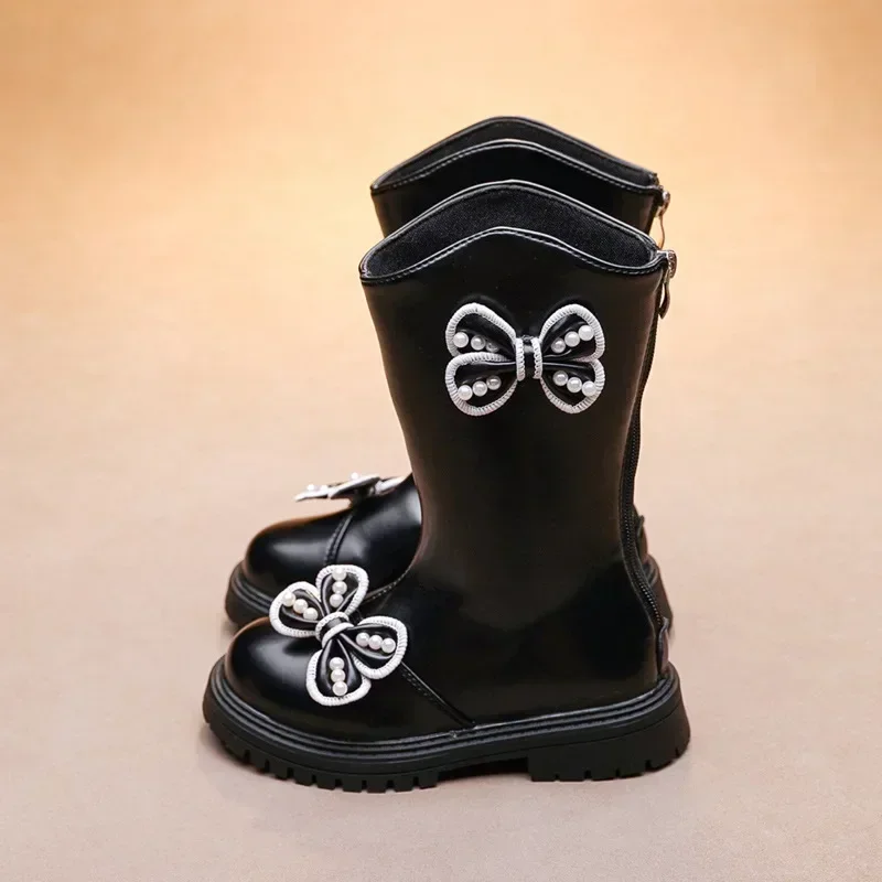 

Autumn Winter Korean Platform Kids Snow Boots Princess Dress Shoes Girls Fashion Bowknot Boots Pearl Mid-calf PU Leather Botas
