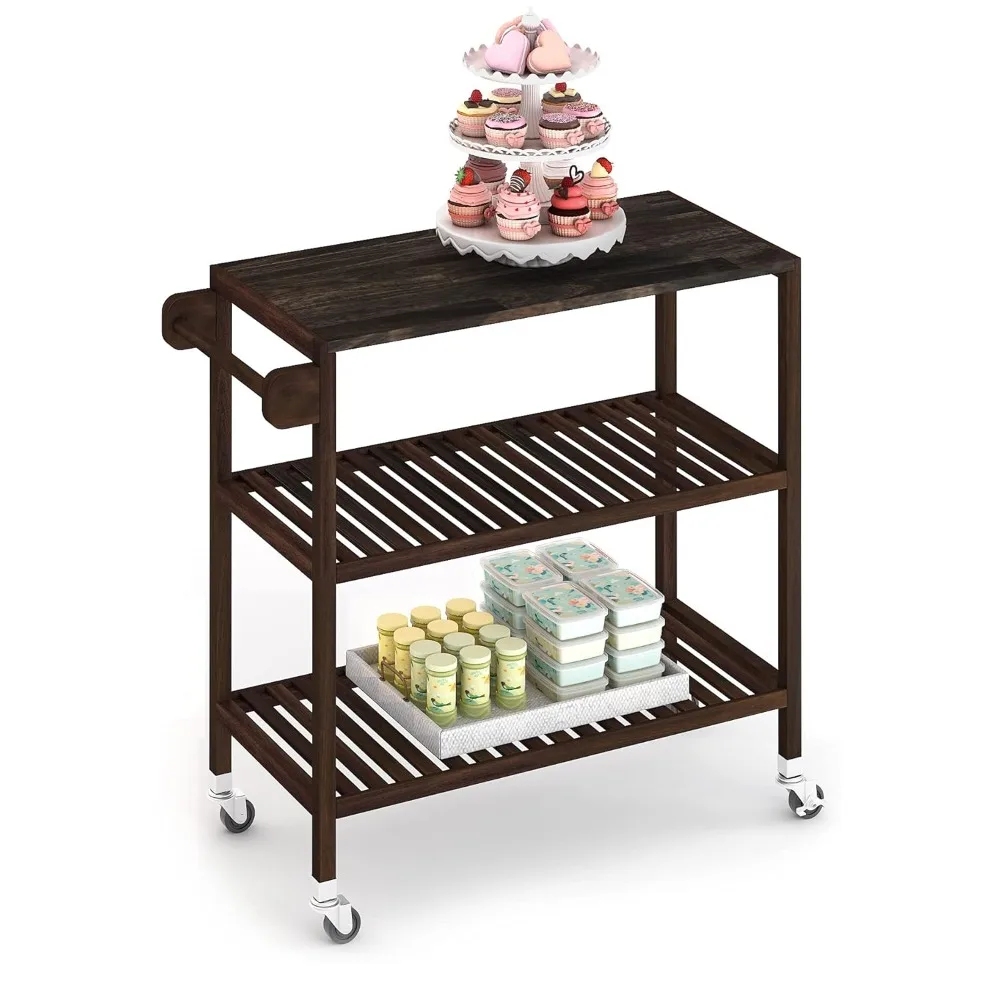 

3 Tier Acacia Hardwood Kitchen Cart, Portable Rolling Trolley Cart Kitchen Storage Utility Cart with, Customized
