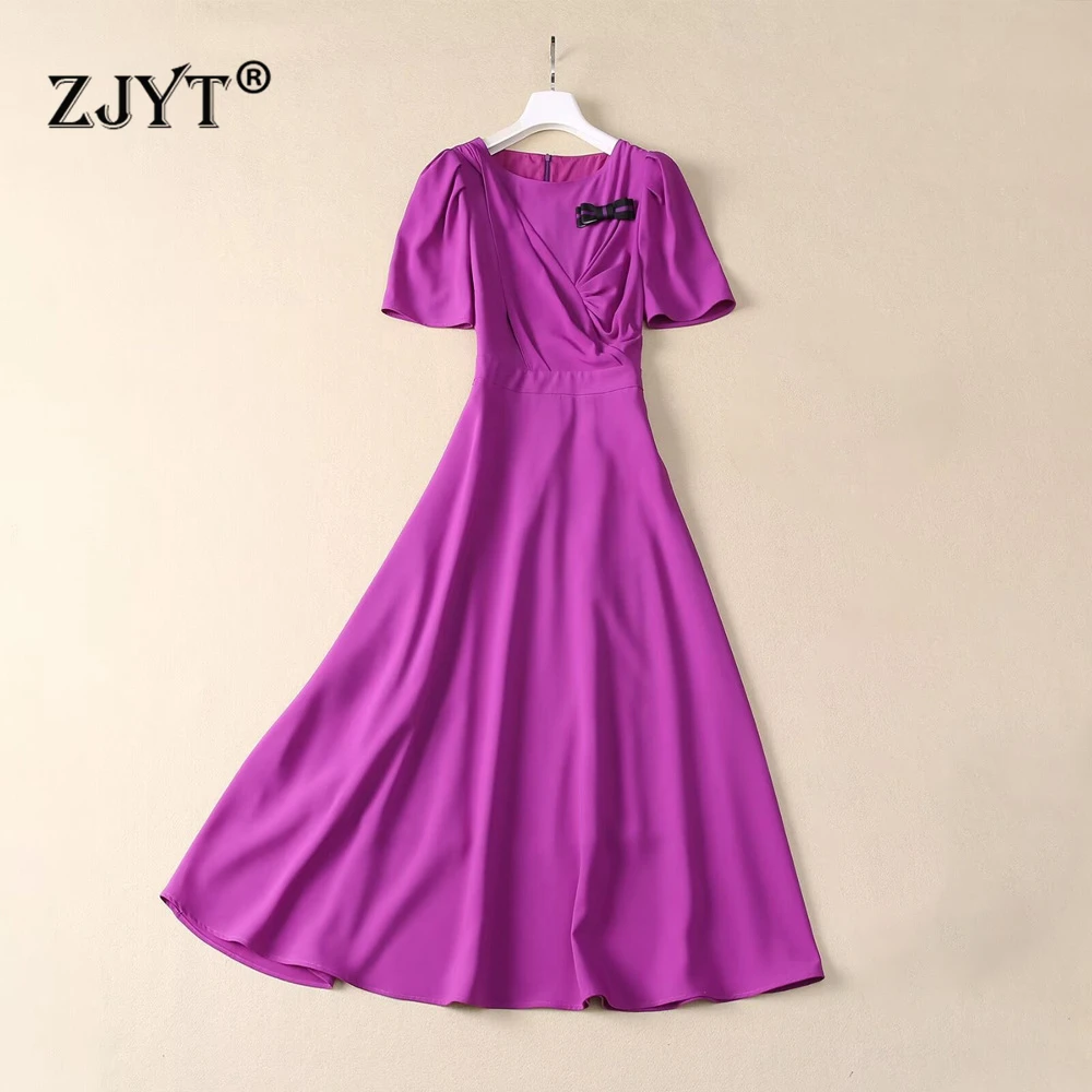 

ZJYT Women's Summer Elegant Midi Dresses 2024 Designer Fashion Short Sleeve Purple Aline Party Dress Female Vestidos Para Mujer