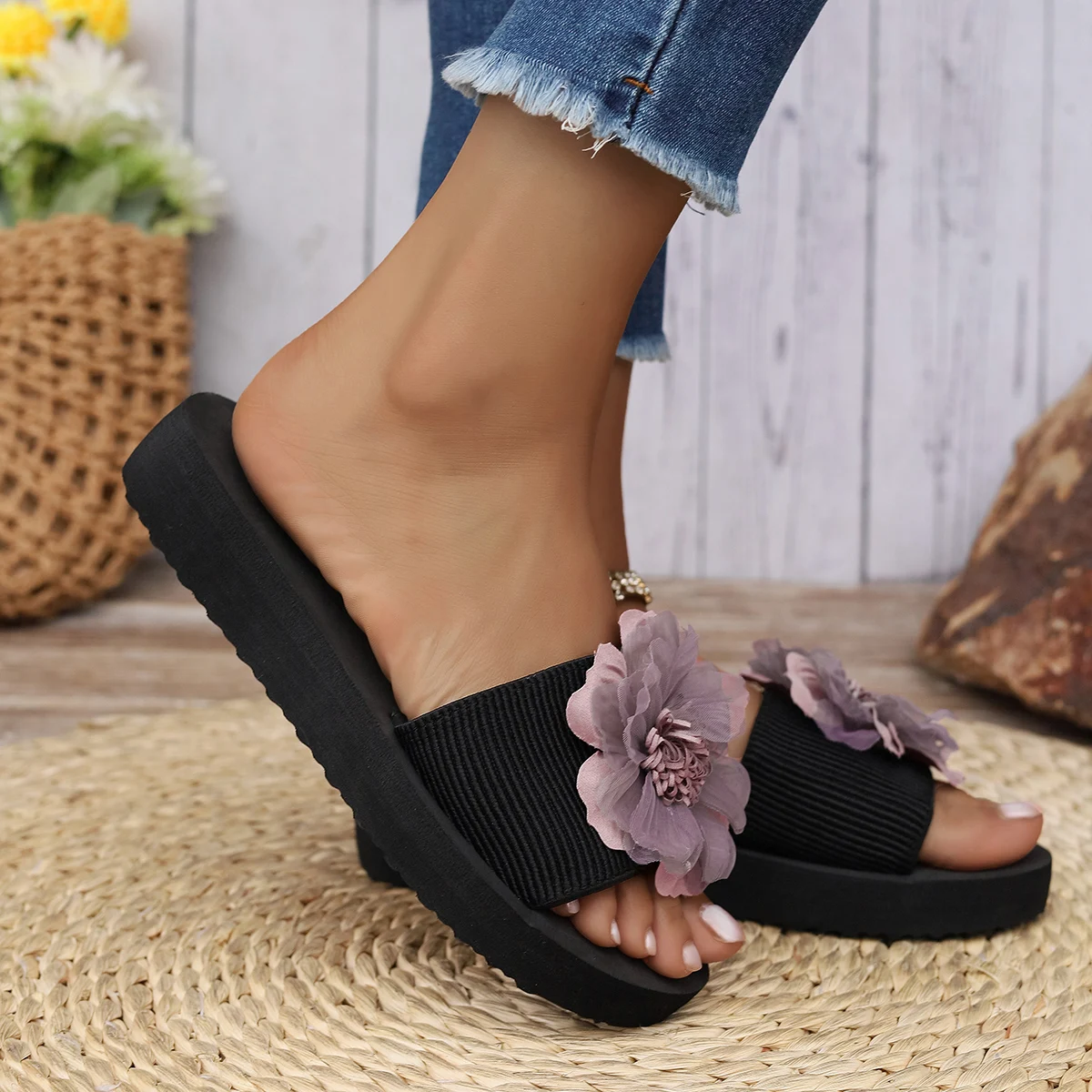 3cm Absatzhöhe Lila Kamelie Einfache Slip-On Sandalen für Damen – Detail 6