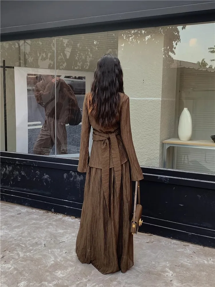 REDDACHiC Brown Pleated Blouse Skirt 2-piece Set V-neck Irregular Bandage Wrap Top Elastic Waist Maxi Long Skirt Casual Workwear