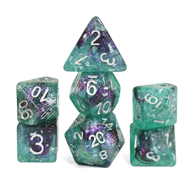 7Pcs/Set Resin Galaxy Theme Dice Starlight Effect Unique DND Polyhedral Dice Set for TRPG Games Board Games Number Decorations