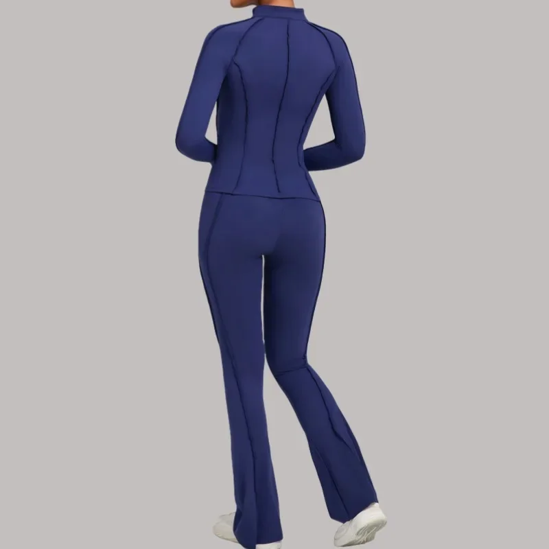 

Женский комплект для йоги из 2 предметов, осенне-зимняя куртка на молнии с длинными рукавами и высокой талией, расклешенные спортивные штаны для бега, фитнеса, спортивный комплект