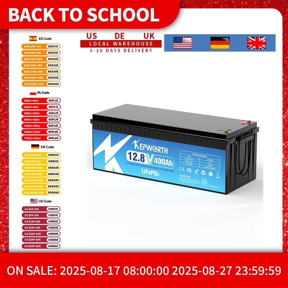 Batterie LiFePO4 12V 400Ah avec BMS 200A, jusqu'à 6000+ Cycles profonds, cellules de qualité A, pour moteur de pêche à la traîne, bateau, camping-car, solaire, hors réseau