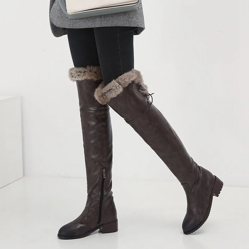 

ORCHALISA Snow Boots fur Women Leather Boots Med Block Heels Over The Knee Boots Lady Shoes Bota Feminina Size 44 46