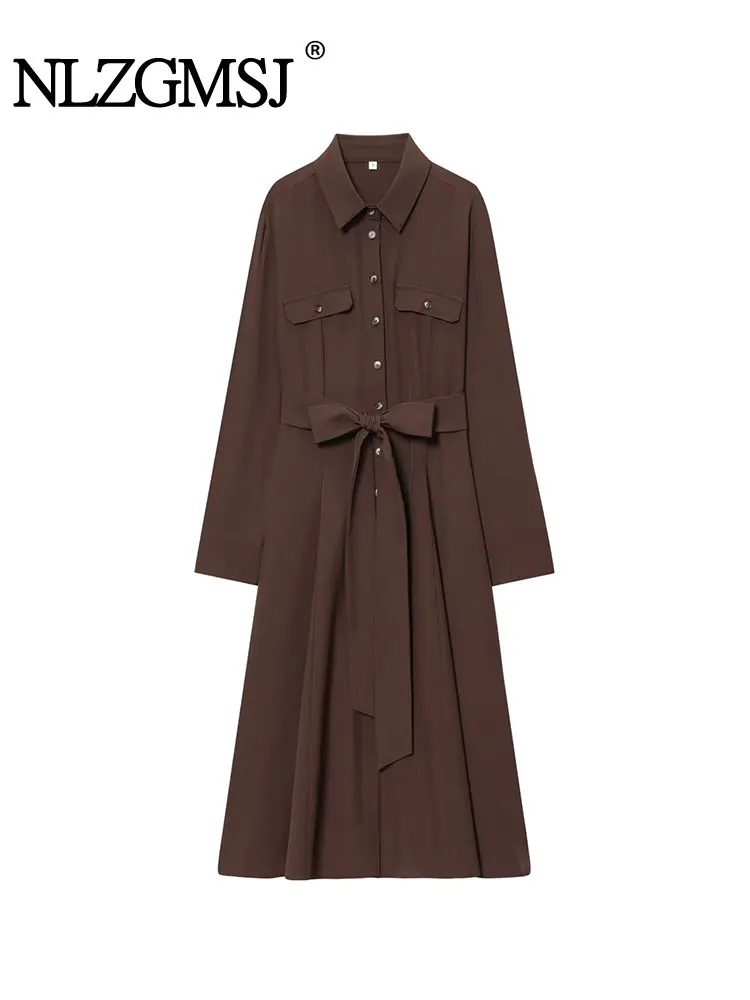 NLZGMSJ Fashion Women Casual Shirt Dress 2025 Autumn Long Sleeve Single Breasted A Line Midi Dress Belt Office Long Dress Y2K