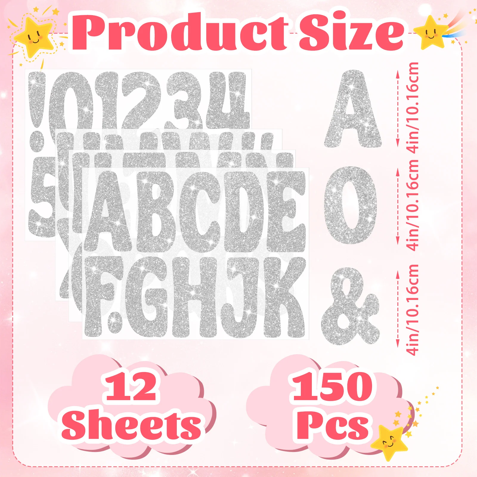 150Pcs 4 Inch Silver Glitter Bulletin Board Letter Stickers, 12 Sheets Self-Adhesive Alphabet Letters for Poster, Classroom