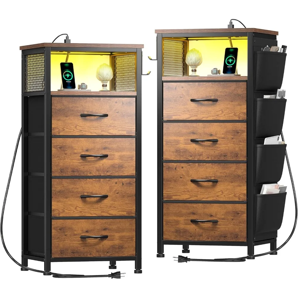 

Nightstand Set of 2, Night Stand with Charging Station & LED, Bedside Table with Fabric Drawers and Storage Shelf.