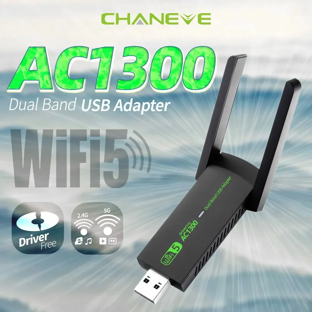 CHANEVE Driver Free Dual Band 2.4G/5Ghz Wi-Fi Dongle 1300Mbps WiFi USB Adapter 802.11AC Antenna Wireless Receiver For PC/Laptop