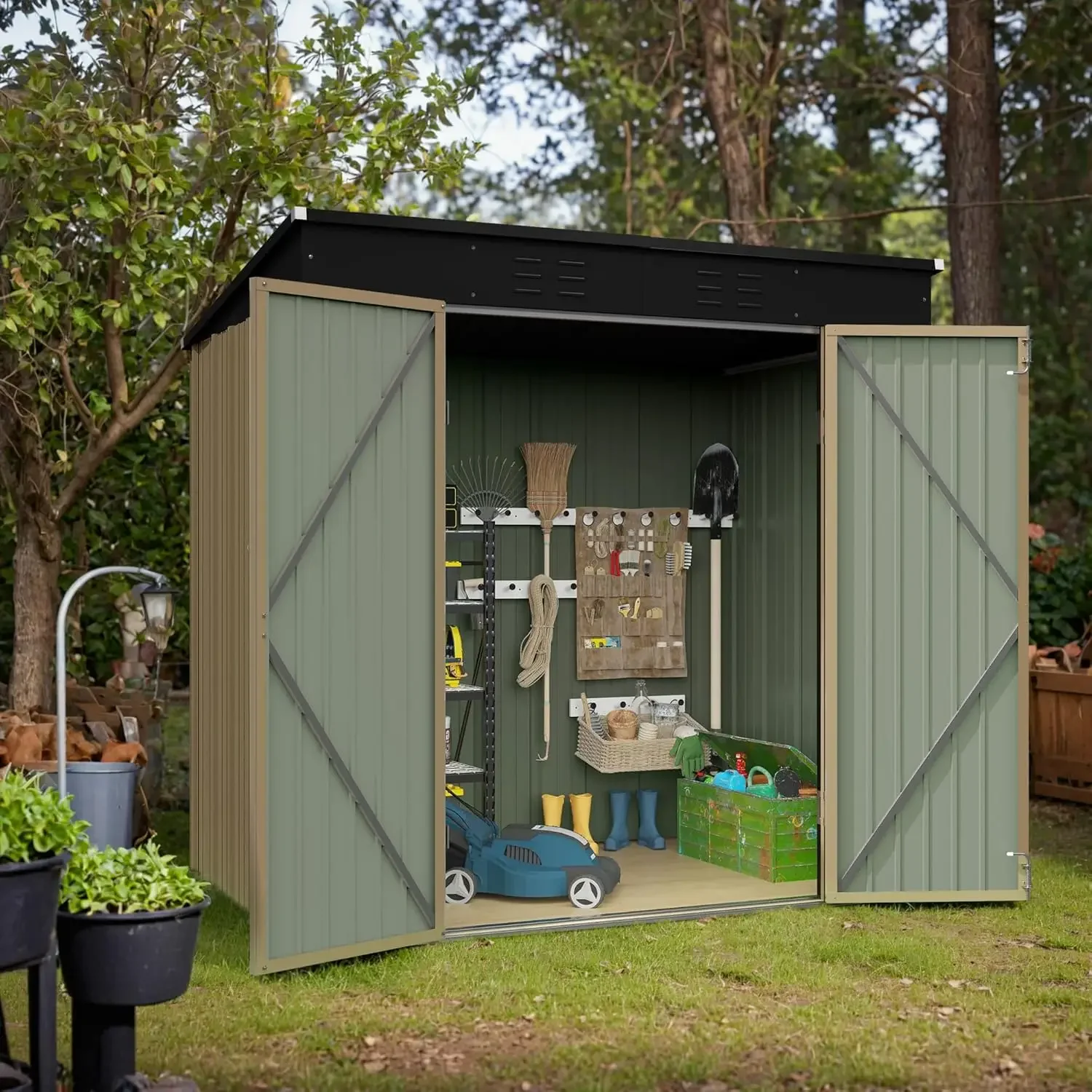 6 x 8 FT Outdoor Storage Shed, Metal Garden Tool Sheds & Outdoor Storage House with Sloped Roof for Patio Lawn Backyard