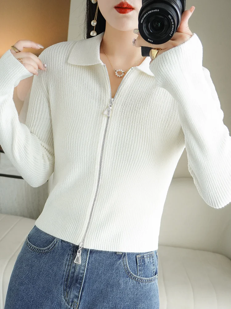 Women Autumn Winter Soft Wool Sweater Polo Collar Thicken Knitted Double Zipper Cardigan Basis ​Short Top Wool  Female Coat