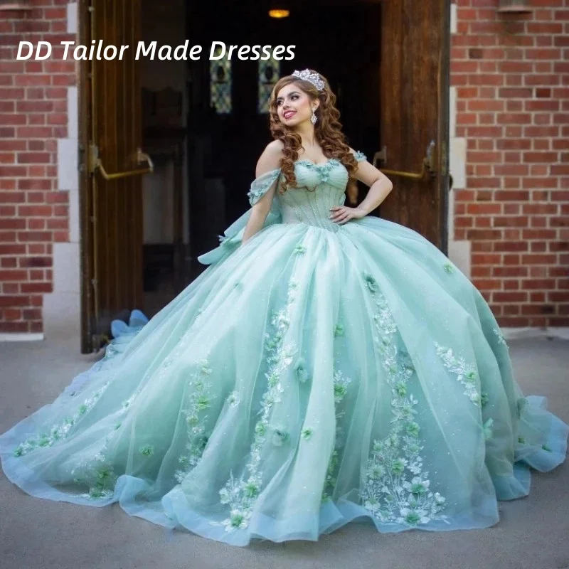 

Mint Green Off-Shoulder Quinceanera Dresses With 3D Floral Appliques Back Bow Ball Gown Princess Sweet 15 16 Dress Customized