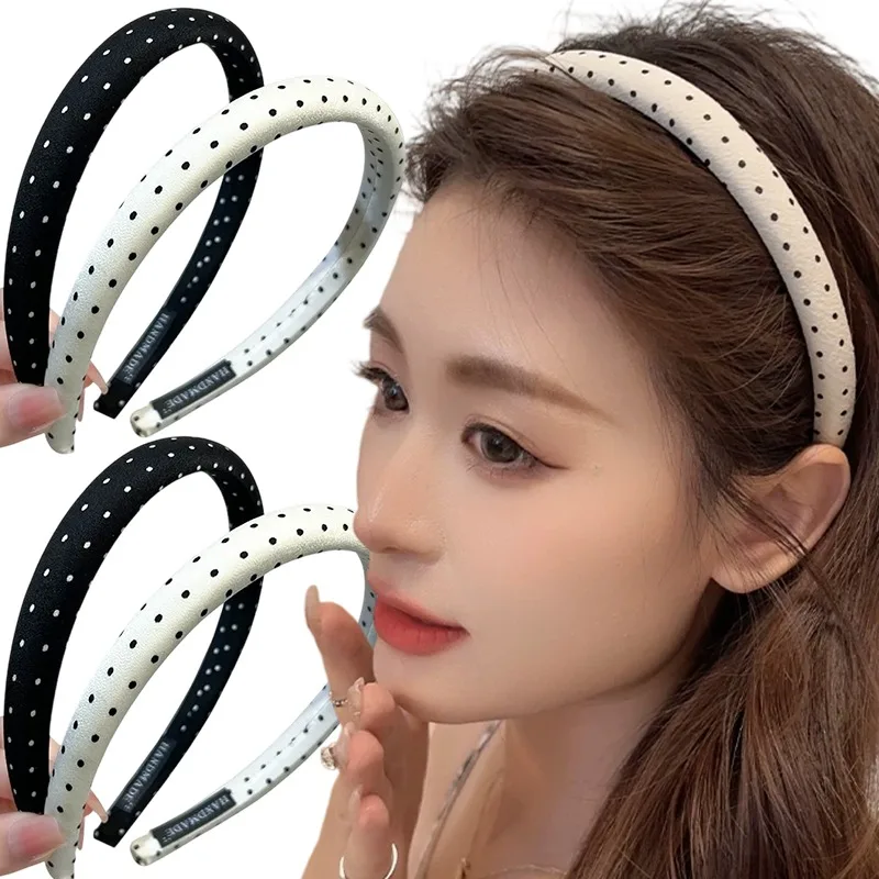 

Black White Polka Dot Headband Padded Sponge Fabric Hairband Non Slip Comfortable Retro Vintage Sports Hair Hoop for Accessories