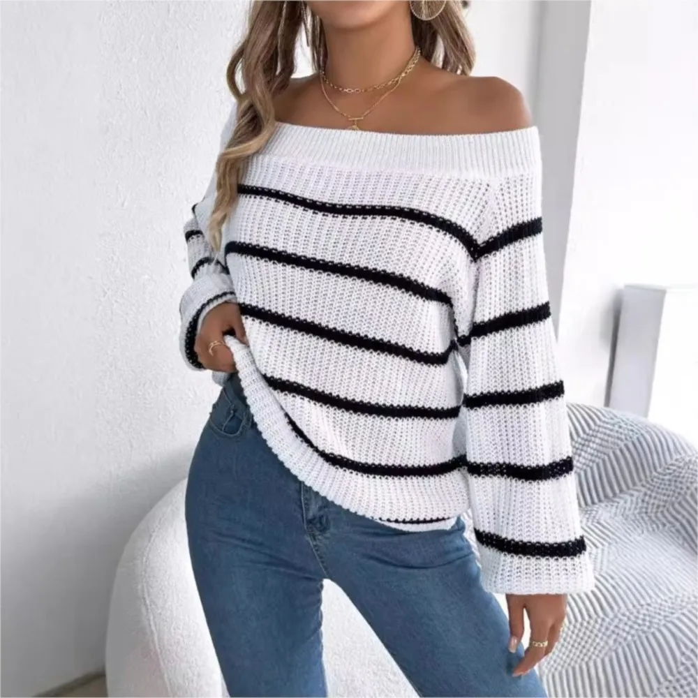 

Autumn/Winter Casual Striped Off Shoulder Lantern Sleeve Sweater Women Slash Neck Long Sleeve Versatile Loose Style 2025 Spring