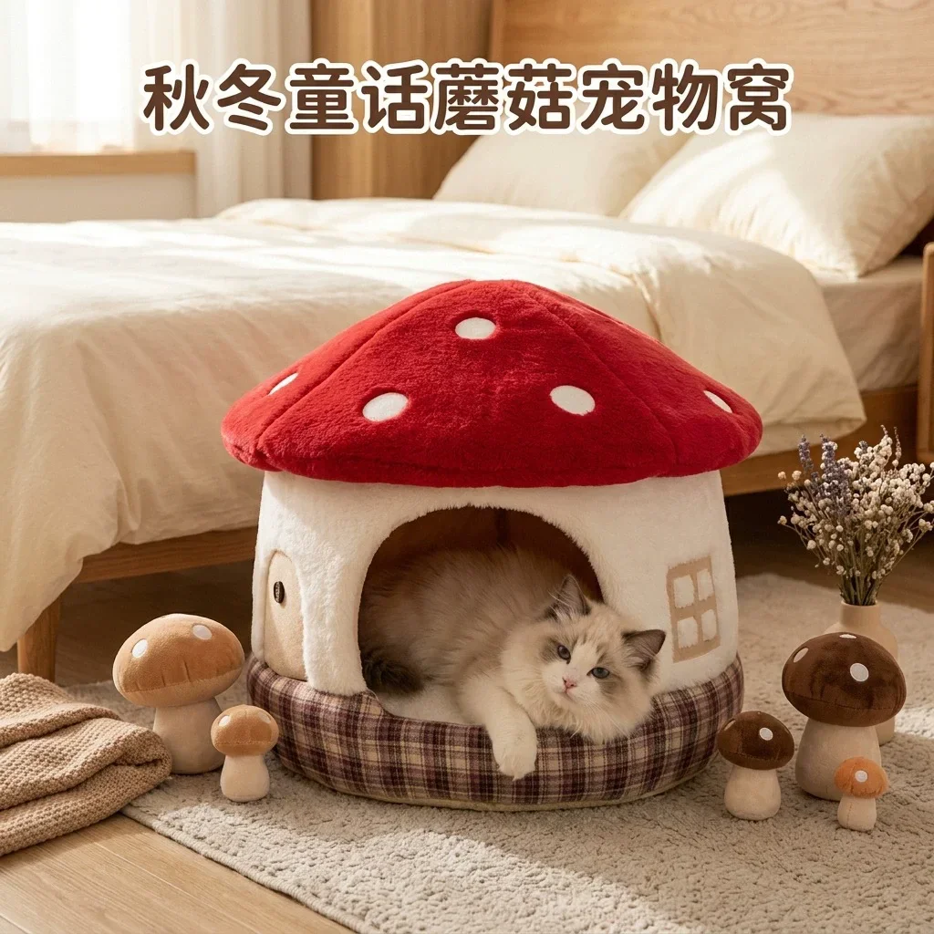 Mushroom Chestnut-Theme Semi-Enclosed Pet Bed for Dogs And Cats Warm Autumn Winter Dog Bed with Ample Space for Cozy Napping