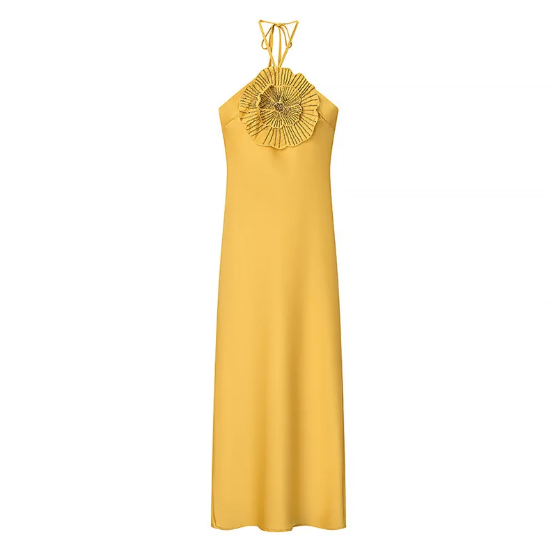 

Women's Elegant Sleeveless Maxi Dress Solid Color Flower Decoration Summer Fashion Backless Tie Party Holiday Dress