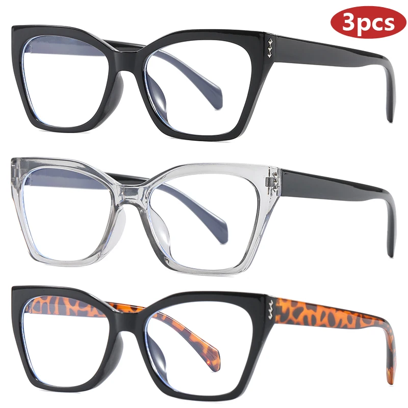 

3pcs Sets Cat Eye Glasses Frame Women Men Square Fashion Oversized Brand Eyeglasses Anti Blue Light Flat Mirror Unisex