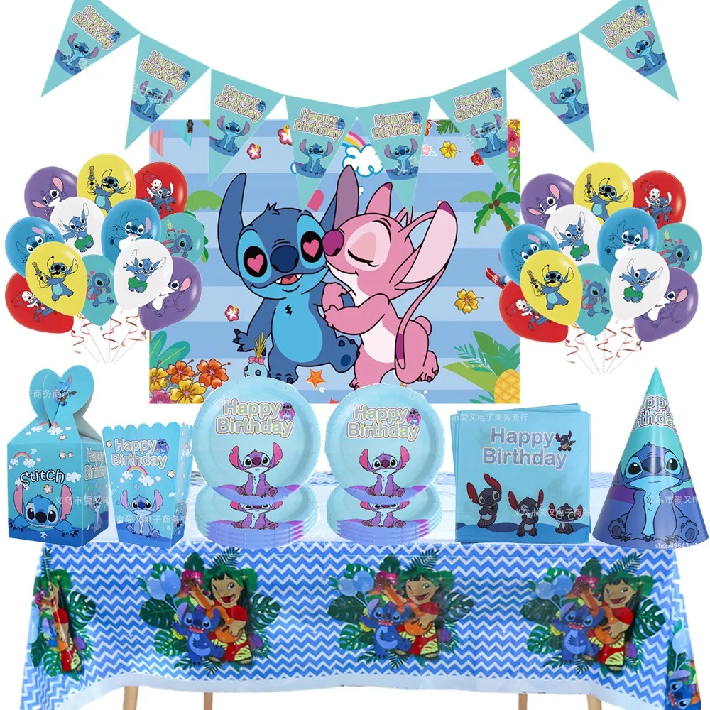 Disney Stitch forniture per feste a tema stoviglie usa e getta bicchieri di carta piatti tovaglioli Banner decorazioni per feste di compleanno per bambini Baby Shower