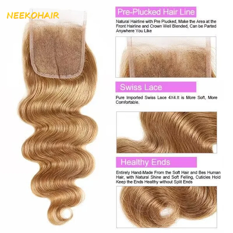 Mèches Body Wave brésiliennes Remy 100% naturelles, couleur blond miel #27, 13x4, tissage en lot, avec closure 4tage, lots de 3