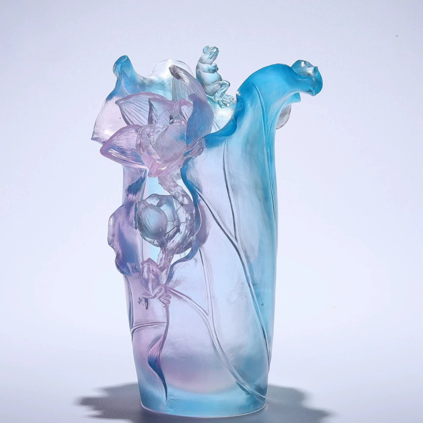 Ancient Method Colored Glaze Lotus Vase Ornament, Crystal Craft, Living Room Entryway Tabletop Decor, Opening Gift for Friend