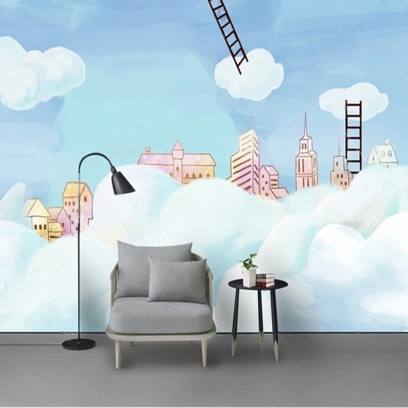 Simple and cute cartoon dreamy cloud world children's room TV luxurious home decoration bedroom background wall paper
