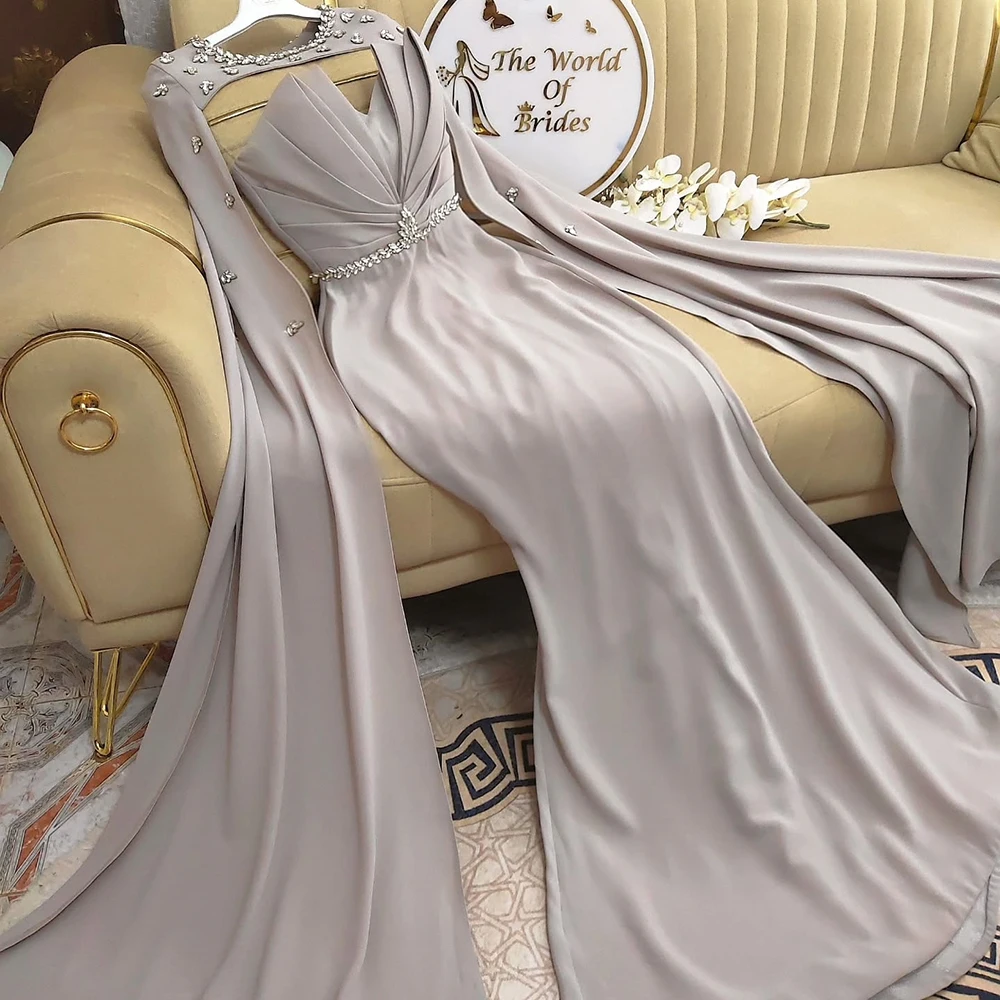 

Customized A-line Evening Dresses Floor-length O-neck Sleeveless Prom Gown Fashion Crystal Stole Pleat Simple Draped Party Gown