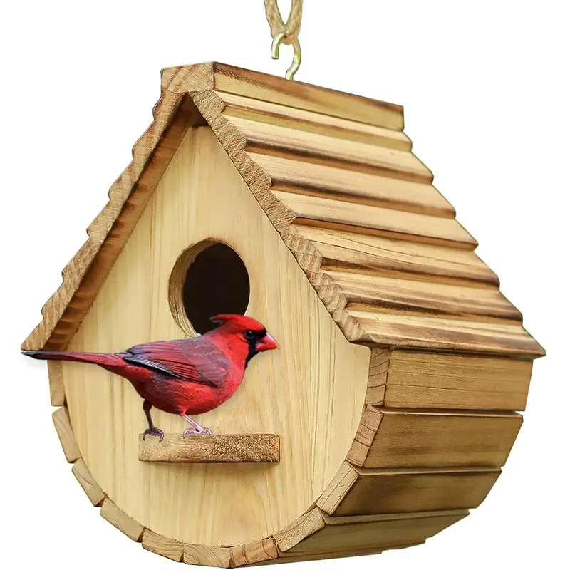 Outdoor Natural Wooden Bird House Bluebird Finch Cardinals Hanging Birdhouse for Outside Garden Viewing