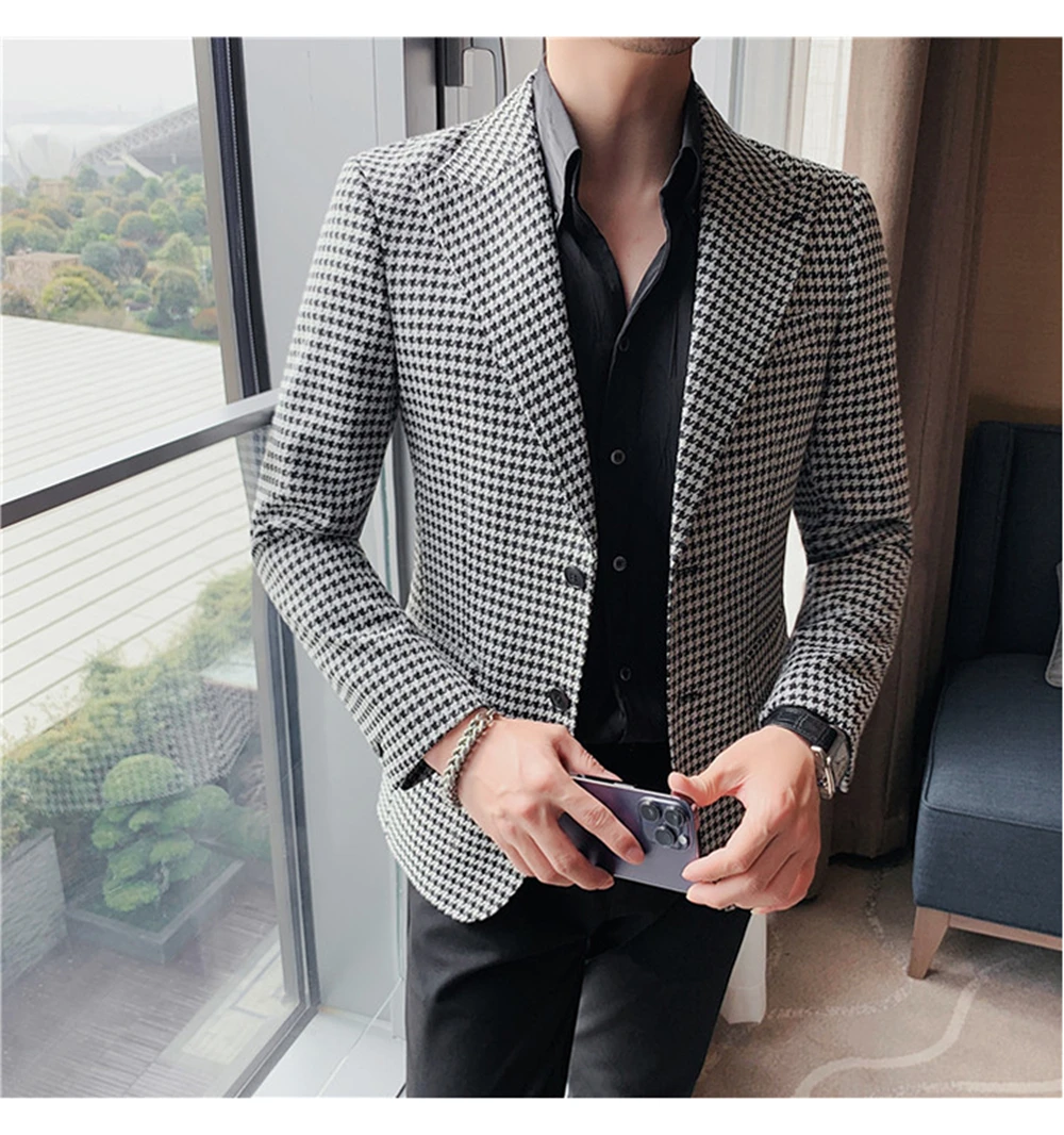 Plus Size 5XL Houndstooth Formal Jackets Two Buttons Long Sleeve Korean Mens Suit Jackets Office Wear Wedding Blazer One Coat