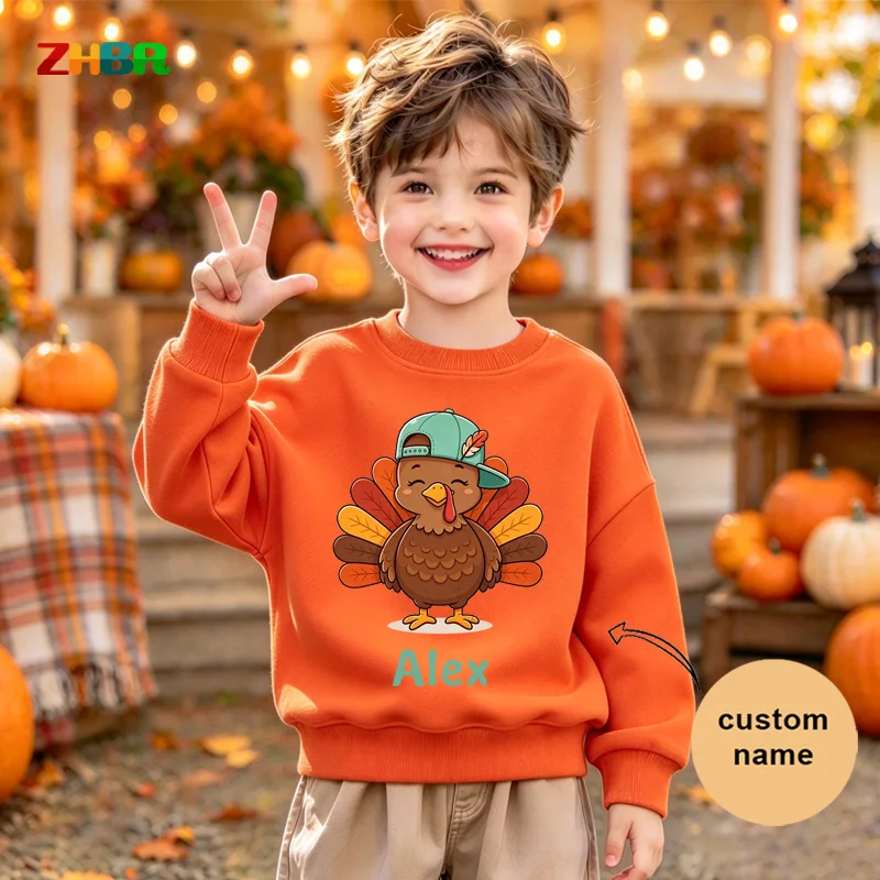 Personalized Kids Thanksgiving Sweatshirt Custom Name Cartoon Turkey Boys Crew Neck Pullover Fall Holiday Children Long Sleeve