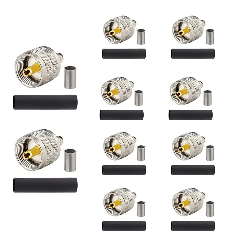 Crimp Connector PL259 Male For RG8X/LMR240/4D-FB/CNT240/RG8 Mini For Coaxial Cable, UHF SO239- Pack Of 10
