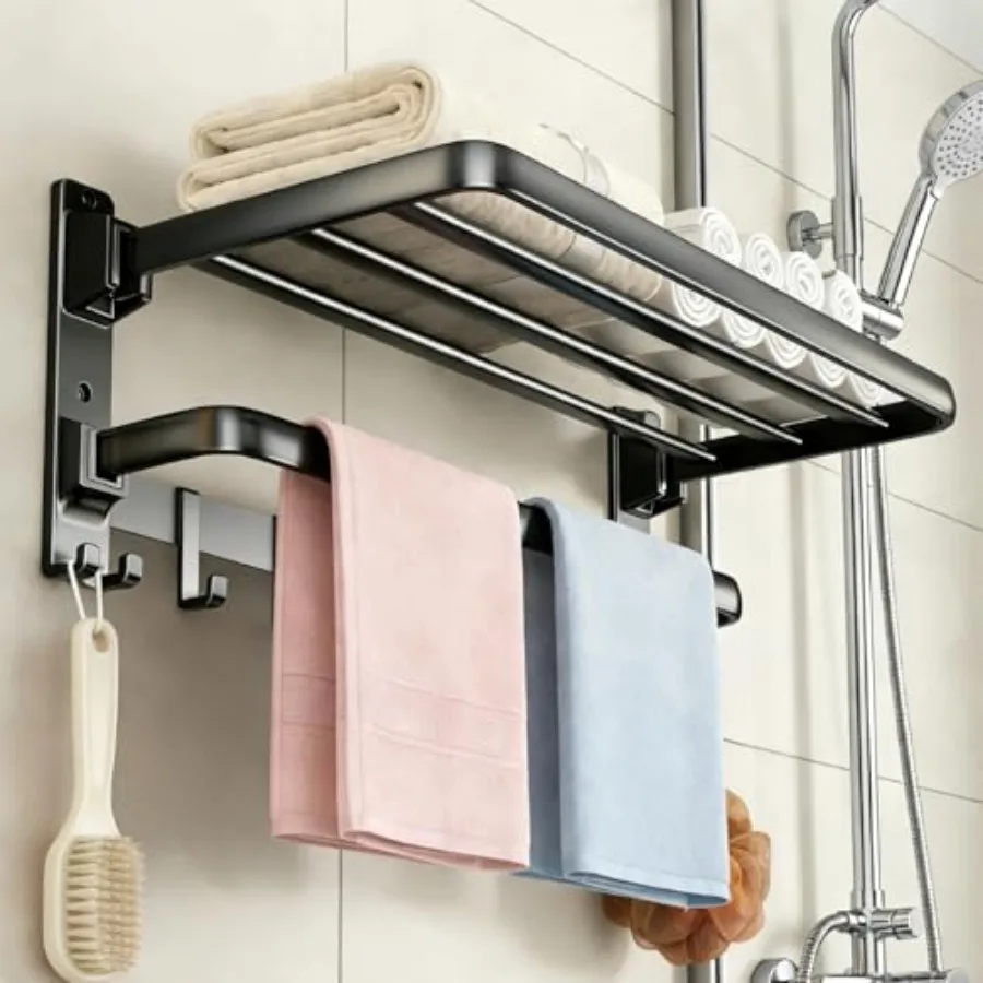 

Towel Rack Wall Mounted for Bathroom Lavatory Hotel 24 Inch Foldable Towel Shelf with Towel Holder Bar and 7 Hooks Black Matte