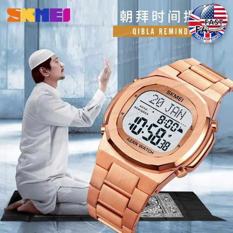 

Мужские часы Qibla, мусульманские цифровые часы, мужские часы со светодиодным дисплеем, спортивные часы, напоминание о времени пилографии, часы с функцией направления Qibla