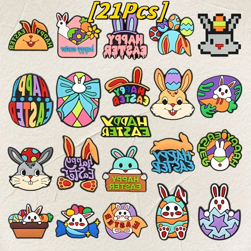 

21PcEaster Theme PVC Shoe Charms Multi Funny Happy Cartoon Rabbit Holiday Party Shoe Accessories DIY Gift Wristband Buckle Decor