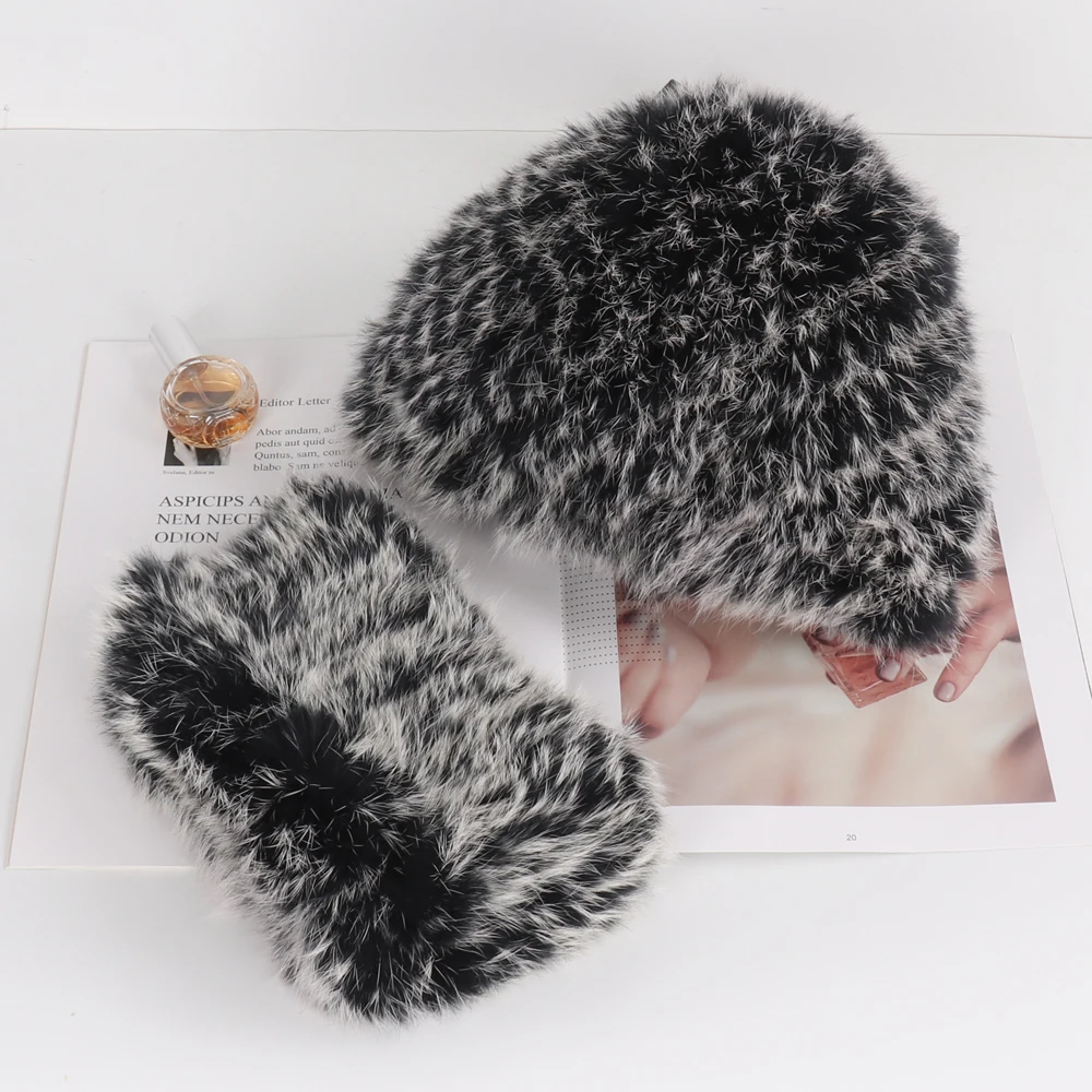 

New Women Winter Real Rabbit Fur Hat Scarf 2 Pieces Natural Rabbit Fur Cap Scarves Lady Knitted Warm Rabbit Fur Hat Muffler Sets