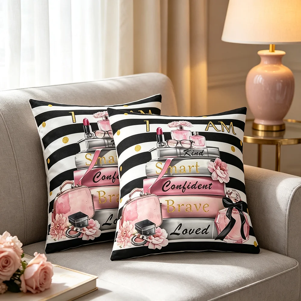 1PC Fashion Perfume Book Print Pillow Covers Black White Stripe Pink Gold Decorative Throw Pillow Sofa Couch Bedroom Decor